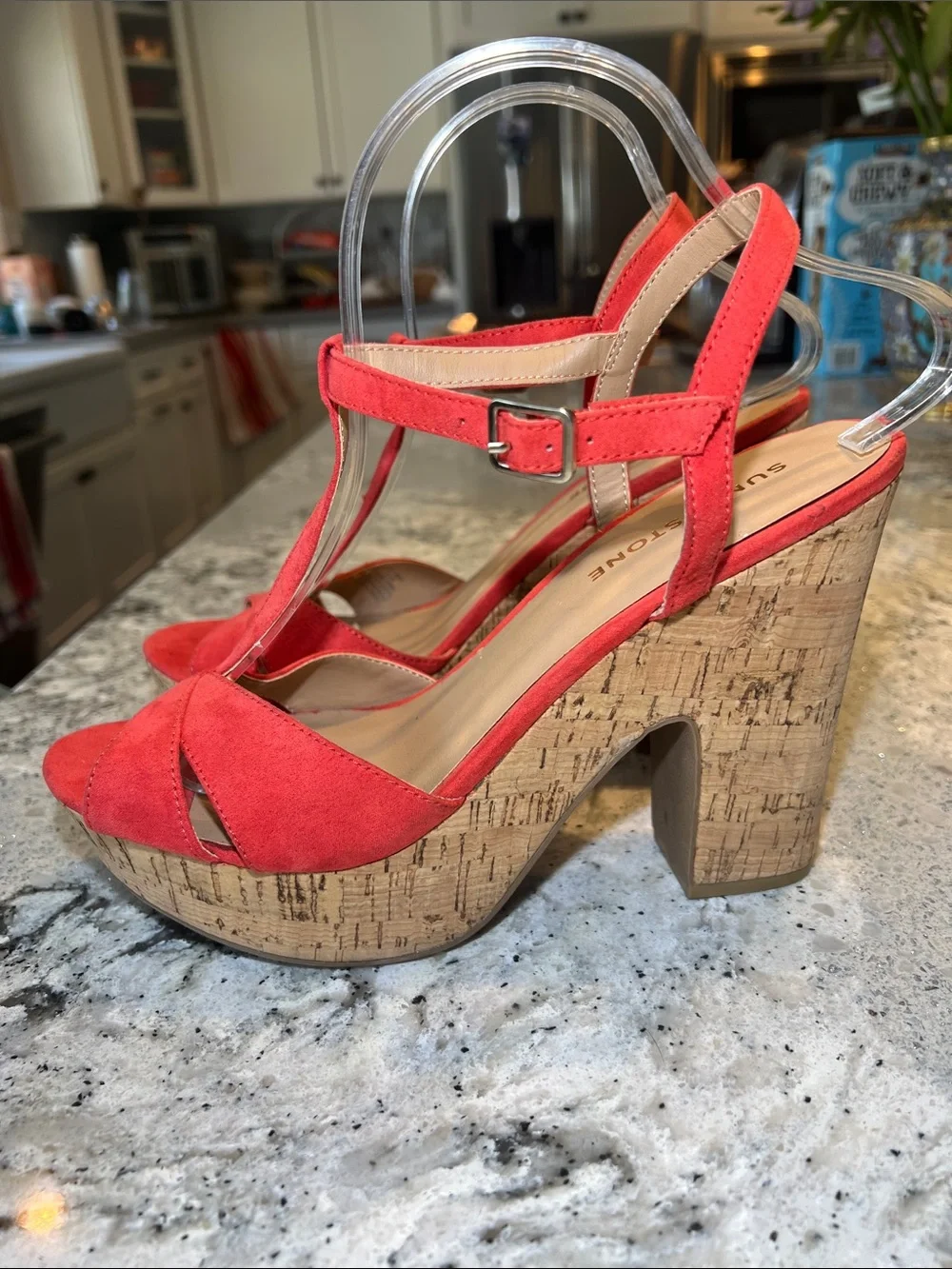 SUN + STONE Jamie T-Strap Platform Sandals Red Coral Cork Block Heel Size 9.5